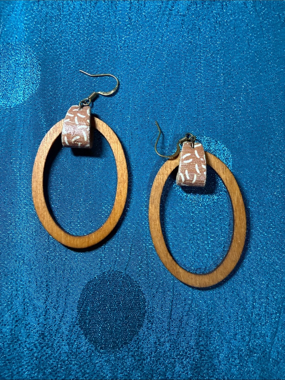 Wooden Hoop Drop Earrings with Pink Patterned Accent